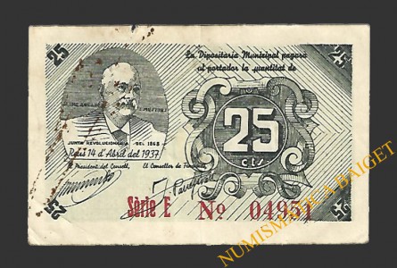 REUS (Tarragona) 25 centims 14 d'abril del 1937 J. Aguade