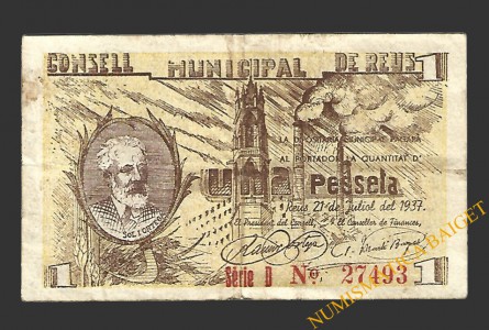 REUS (Tarragona) 1 pesseta 21 de juliol del 1937 J. Sol