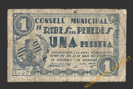 RIBES DES DEL PENEDES (Barcelona) 1 pesseta 22 de maig del 1937 
