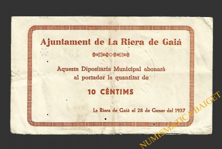 RIERA DE GAIA, LA (Tarragona) 10 centims 28 de gener del 1937 