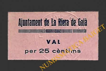 RIERA DE GAIA, LA (Tarragona) 25 centims 1937 