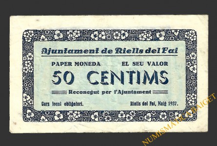 RIELLS DEL FAI (Barcelona) 50 centims  maig del 1937 