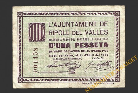 RIPOLL DEL VALLES (Barcelona) 1 pesseta 21 d'abril del 1937 