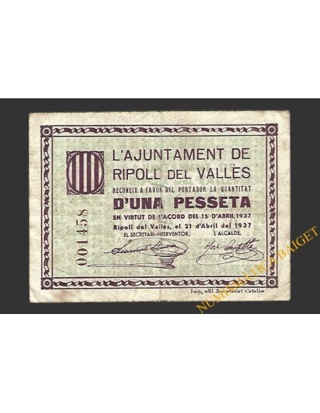 RIPOLL DEL VALLES (Barcelona) 1 pesseta 21 d'abril del 1937 