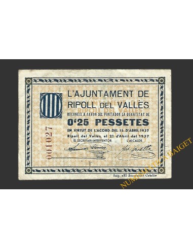 RIPOLL DEL VALLES (Barcelona) 0'25 pessetes 21 d'abril del 1937 