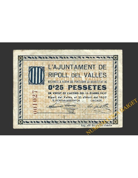 RIPOLL DEL VALLES (Barcelona) 0'25 pessetes 21 d'abril del 1937 