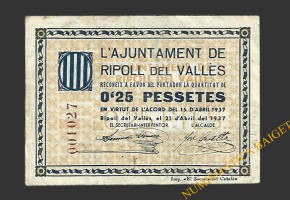 RIPOLL DEL VALLES (Barcelona) 0'25 pessetes 21 d'abril del 1937 