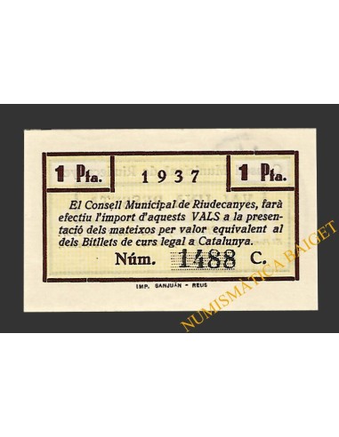 RIUDECANYES (Tarragona) 1 pesseta 22 d'abril del 1937 