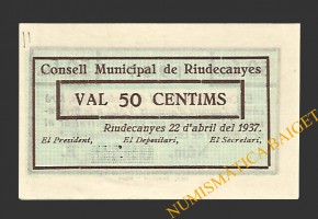 RIUDECANYES (Tarragona) 50 centims 22 d'abril del 1937 