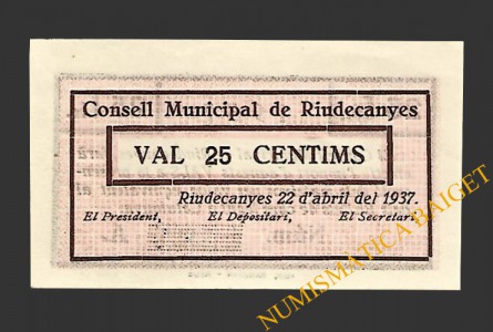 RIUDECANYES (Tarragona) 25 centims 22 d'abril del 1937 