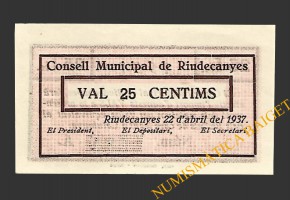 RIUDECANYES (Tarragona) 25 centims 22 d'abril del 1937 