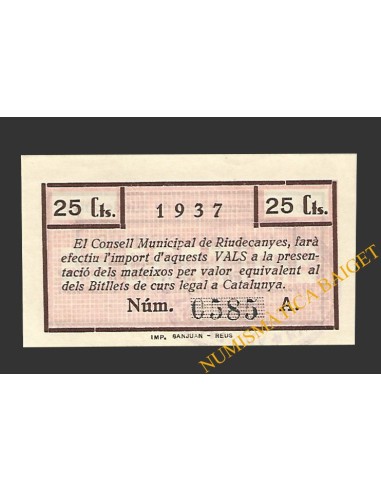RIUDECANYES (Tarragona) 25 centims 22 d'abril del 1937 