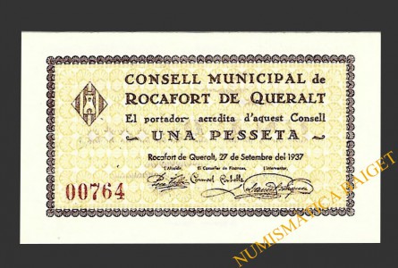ROCAFORT DE QUERALT (Tarragona) 1 pesseta 27 de setembre del 1937 