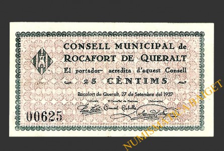 ROCAFORT DE QUERALT (Tarragona) 25 cèntims 27 de setembre del 1937 