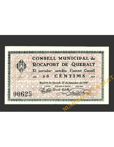ROCAFORT DE QUERALT (Tarragona) 25 cèntims 27 de setembre del 1937 