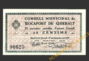 ROCAFORT DE QUERALT (Tarragona) 25 cèntims 27 de setembre del 1937 
