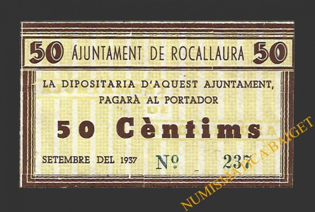 ROCALLAURA (Lleida) 50 cèntims  setembre del 1937 