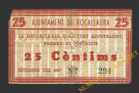 ROCALLAURA (Lleida) 25 cèntims  setembre del 1937 
