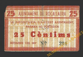 ROCALLAURA (Lleida) 25 cèntims  setembre del 1937 