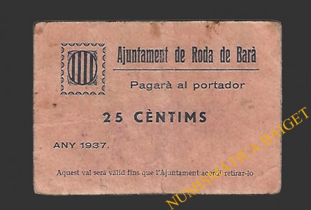 RODA DE BARA (Tarragona) 25 cèntims 1937 