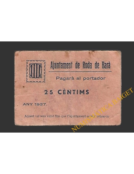 RODA DE BARA (Tarragona) 25 cèntims 1937 