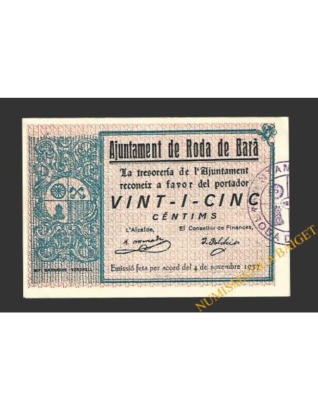 RODA DE BARA (Tarragona) 25 cèntims, 4 de novembre del  1937 