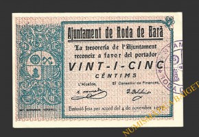 RODA DE BARA (Tarragona) 25 cèntims, 4 de novembre del  1937 