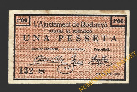 RODONYÀ (Tarragona), 1 pesseta maig del 1937