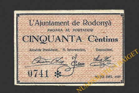 RODONYÀ (Tarragona), 50 cèntims maig del 1937