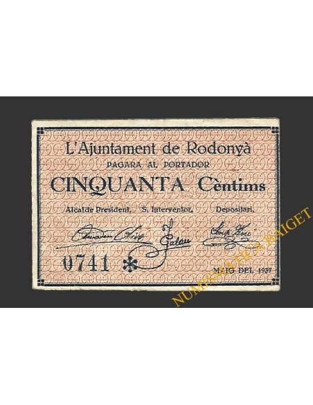 RODONYÀ (Tarragona), 50 cèntims maig del 1937