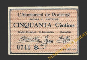 RODONYÀ (Tarragona), 50 cèntims maig del 1937