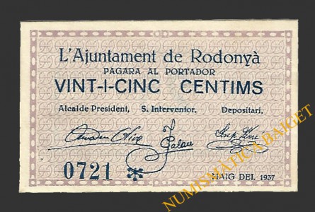 RODONYÀ (Tarragona), 25 cèntims maig del 1937