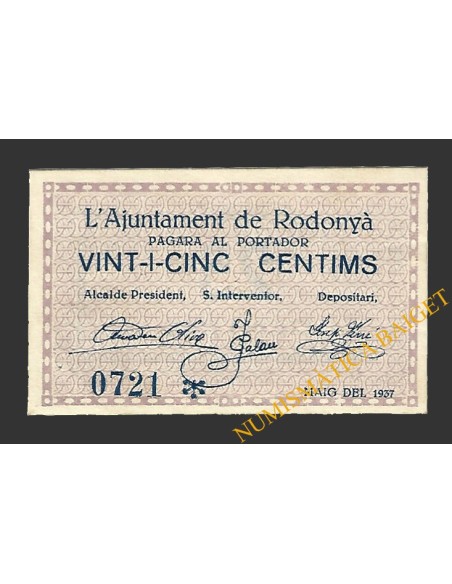 RODONYÀ (Tarragona), 25 cèntims maig del 1937