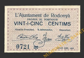 RODONYÀ (Tarragona), 25 cèntims maig del 1937