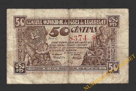 ROSES DE LLOBREGAT (Barcelona) 50 cèntims 20 de maig del 1937