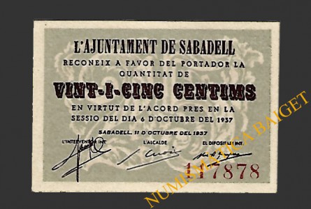 SABADELL (Barcelona) 25 cèntims  11 d'octubre del 1937