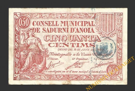 SADURNÍ D'ANOIA (Barcelona) 50 cèntims  15 de juliol del 1937