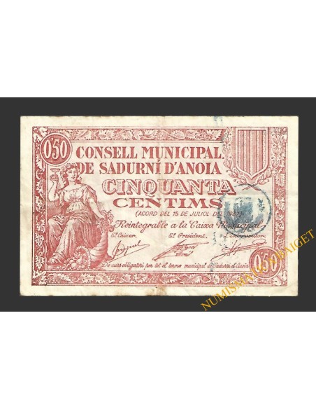 SADURNÍ D'ANOIA (Barcelona) 50 cèntims  15 de juliol del 1937