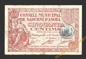 SADURNÍ D'ANOIA (Barcelona) 50 cèntims  15 de juliol del 1937