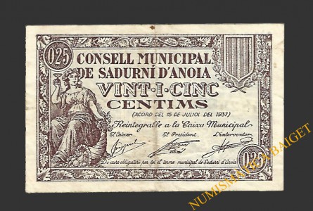 SADURNÍ D'ANOIA (Barcelona) 25 cèntims  15 de juliol del 1937