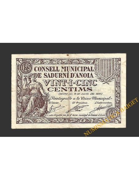SADURNÍ D'ANOIA (Barcelona) 25 cèntims  15 de juliol del 1937