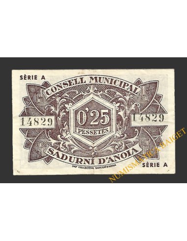 SADURNÍ D'ANOIA (Barcelona) 25 cèntims  15 de juliol del 1937