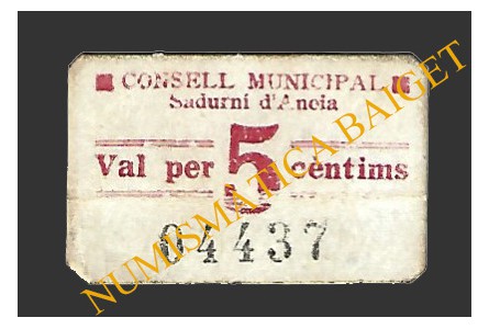 SADURNÍ D'ANOIA (Barcelona) 5 cèntims 1937