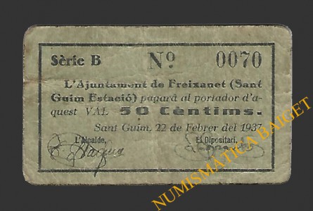  SANT GUIM DE FREIXANET (Lleida) 50 cèntims  22 de febrer del 1937