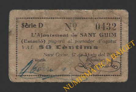 SANT GUIM DE FREIXANET (Lleida) 50 cèntims  17 de maig del 1937