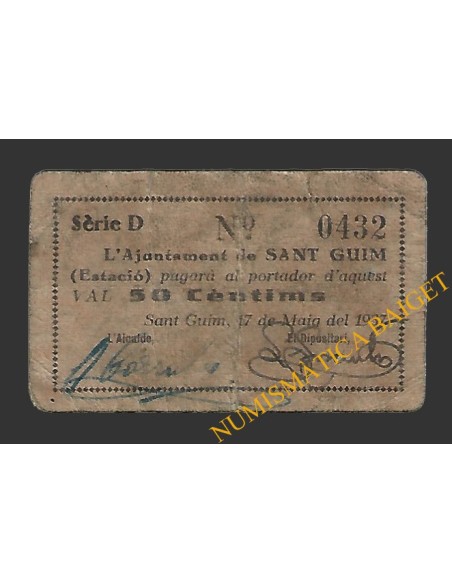 SANT GUIM DE FREIXANET (Lleida) 50 cèntims  17 de maig del 1937