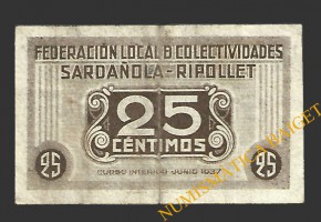 SARDAÑOLA (Barcelona) 25 centimos junio 1937