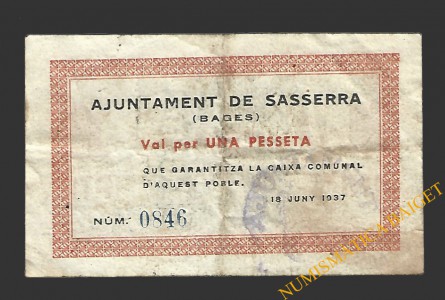 SASSERRA (Barcelona) 1 pesseta 18 de juny del 1937