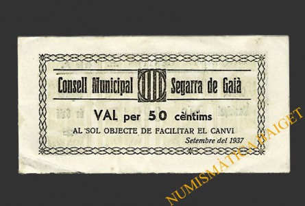 SEGARRA DE GAIÀ (Tarragona) 50 cèntims setembre del 1937