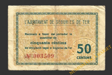 SEGÚRIES DE TER (Girona) 50 cèntims maig del 1937